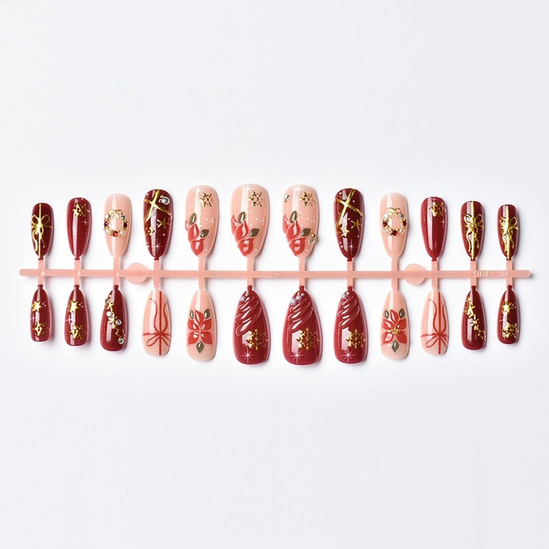 SEENEEY Christmas Press on Nails Almond Medium Long Fake Nails Red Artificial Nail 3D Flowers with Gold Charm Designs Sparkly Stick on Nail for Women 24pcs - Image 4